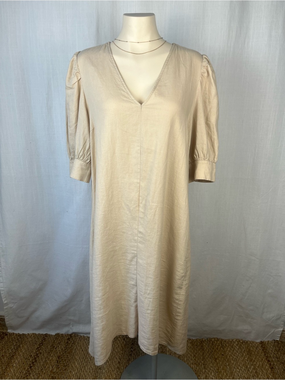 V-Neck Cream Midi Dress with Puff Elbow Sleeves